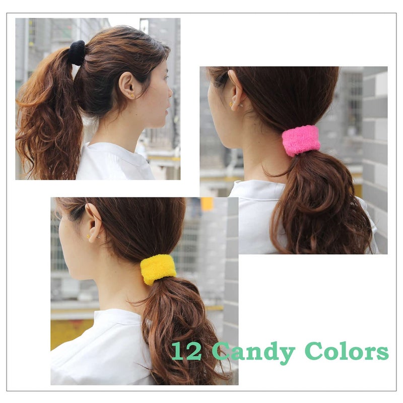 Angla 12 Pack Terry Cloth Cotton Elastic Stretchy Fuzzy Wide Thick Hair Ties Scrunchies Ties Ring Loop No Crease Seamless Hair Rubber Band Ponytail Holder Hair Accessories for Women Girl - Image 2